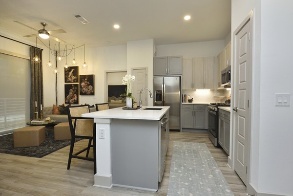 Modern kitchen with stainless steel appliances at The Flats at West Alabama Apartments