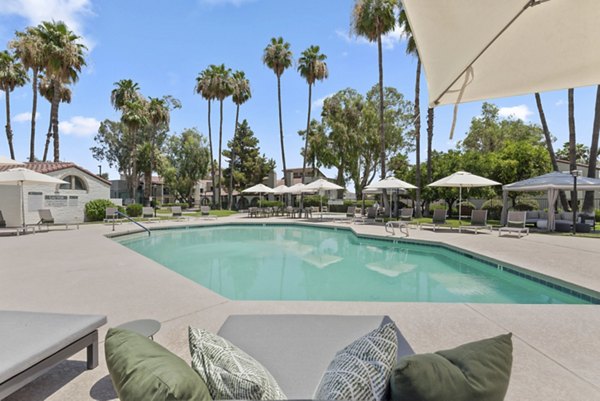 Resort-style pool with lounge chairs at La Privada Apartments, a luxury community by Greystar