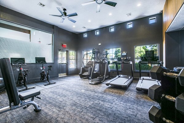 State-of-the-art fitness center at The Aubry Apartments featuring modern equipment and spacious layout for a luxury workout experience