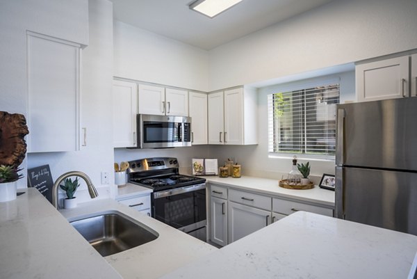 Modern kitchen with stainless steel appliances in The Aubry Apartments, offering luxury living in a sophisticated space