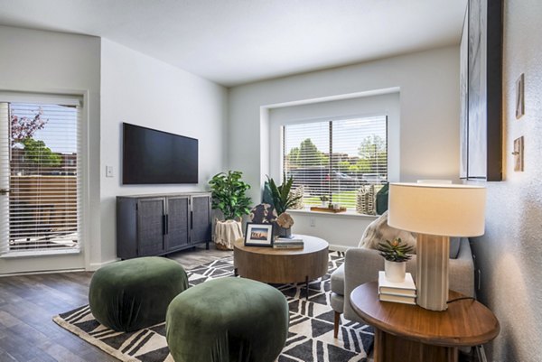 Spacious living room with modern decor in The Aubry Apartments, luxury living spaces by Greystar