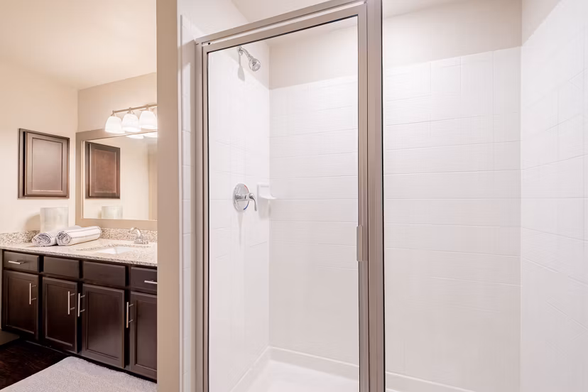 Luxurious bathroom with modern fixtures at Larkspur at Twin Creeks Apartments