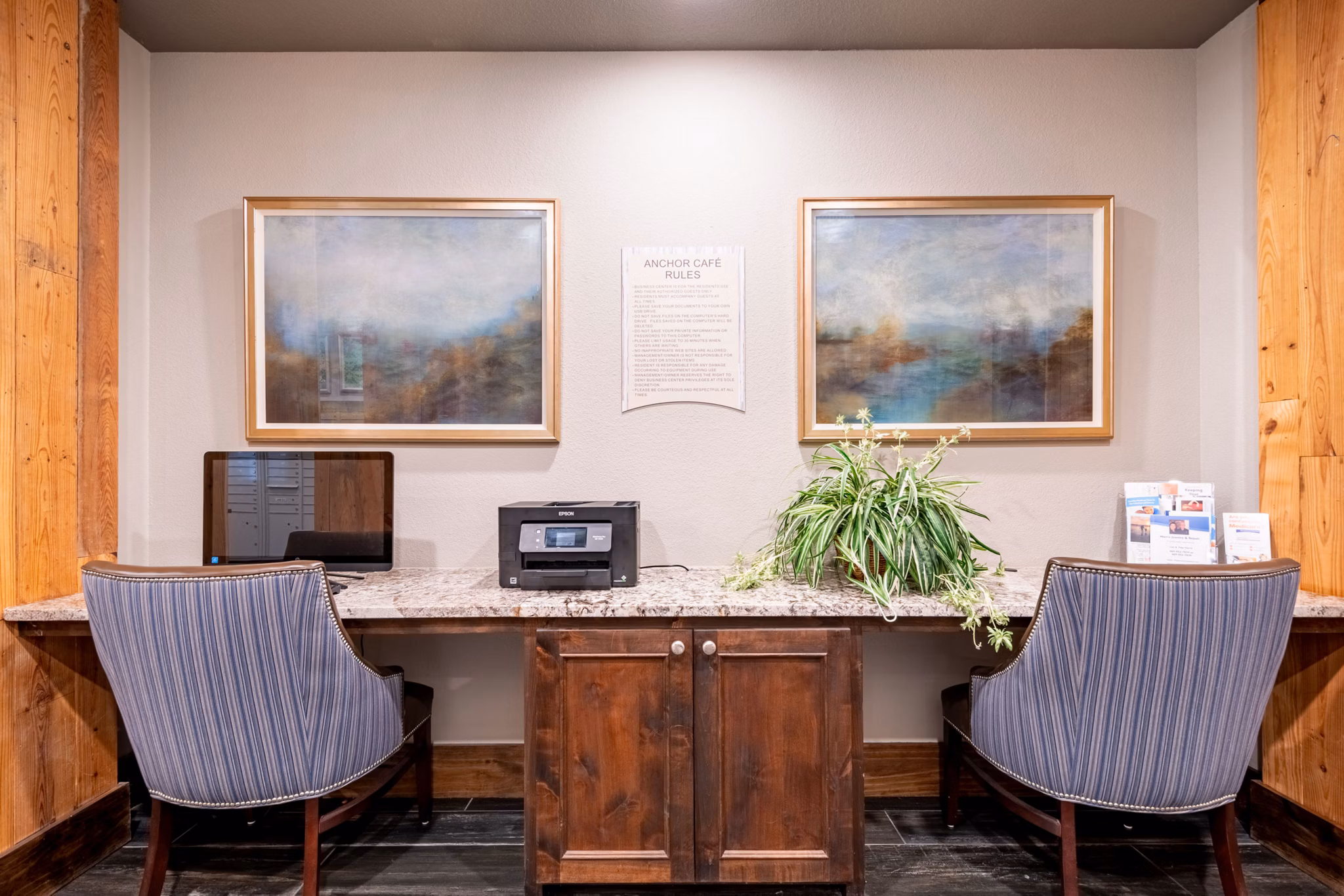 Business center with modern workstations at Larkspur at Twin Creeks Apartments
