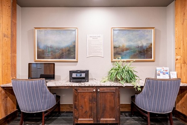 Business center with modern workstations at Larkspur at Twin Creeks Apartments