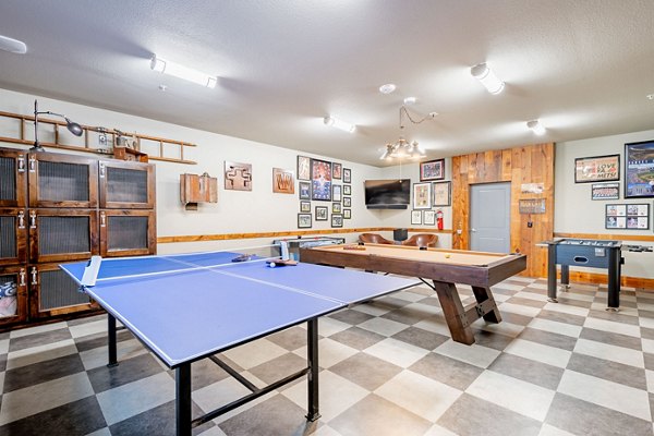 Game room featuring pool table and lounge seating in Larkspur at Twin Creeks Apartments