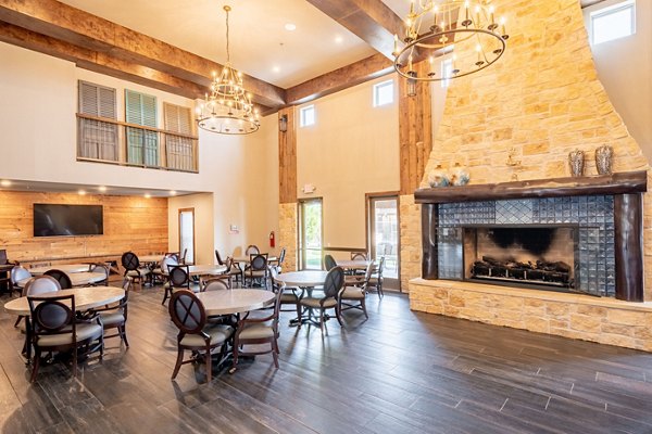 Larkspur at Twin Creeks Apartments: Elegant clubhouse with modern furnishings and social space for residents
