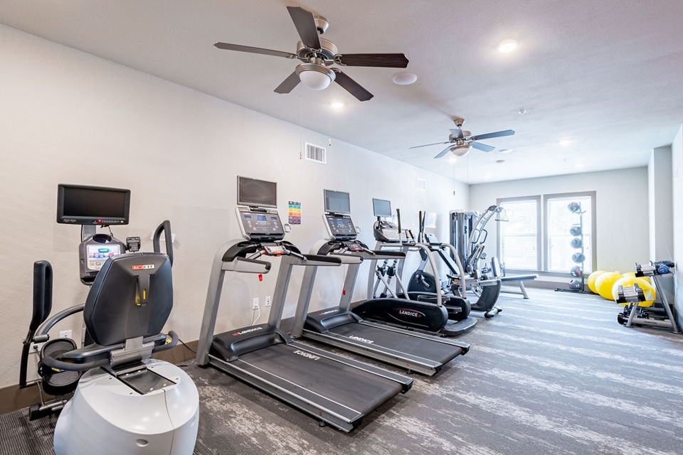 State-of-the-art fitness center at Larkspur at Twin Creeks Apartments offering modern exercise equipment and spacious workout areas