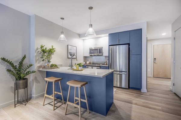 Modern kitchen with stainless steel appliances at 1550 on the Charles Apartments