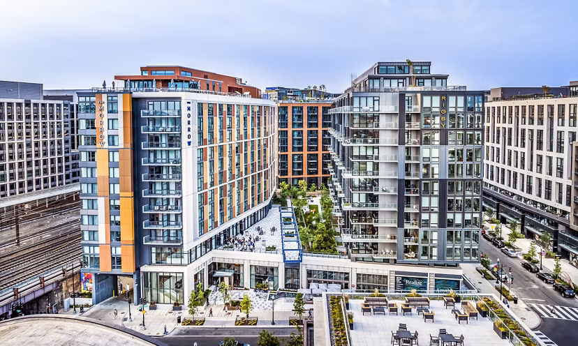 Market House Apartments: Elegant facade of luxury apartment building in prime urban location