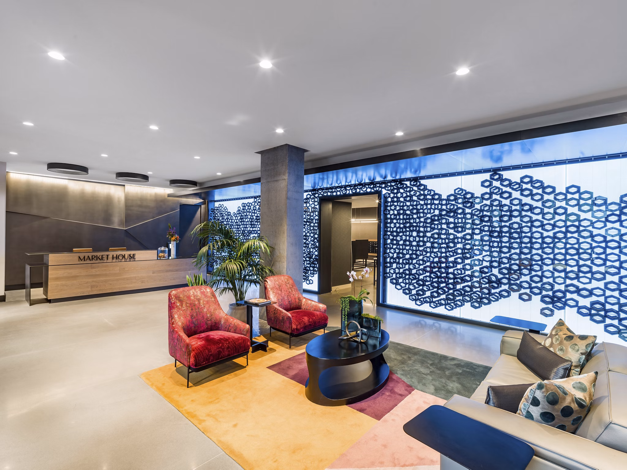 Clubhouse with modern furnishings at Market House Apartments, Greystar luxury apartments in vibrant urban setting