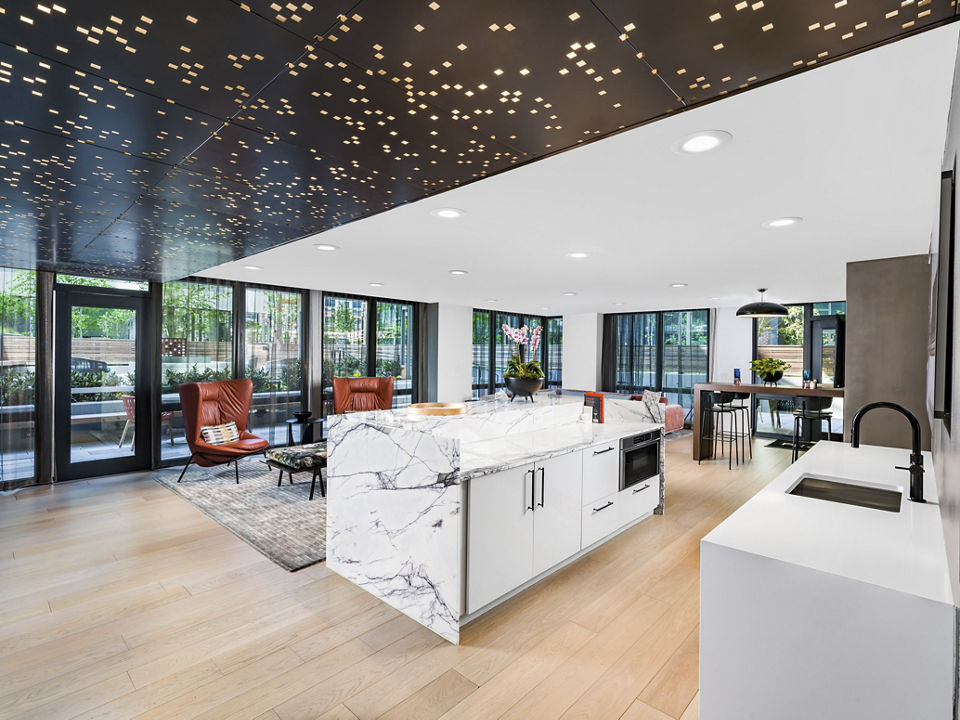 Elegant clubhouse with modern design at Rigby Apartments, Greystar's luxury apartments in a vibrant community setting