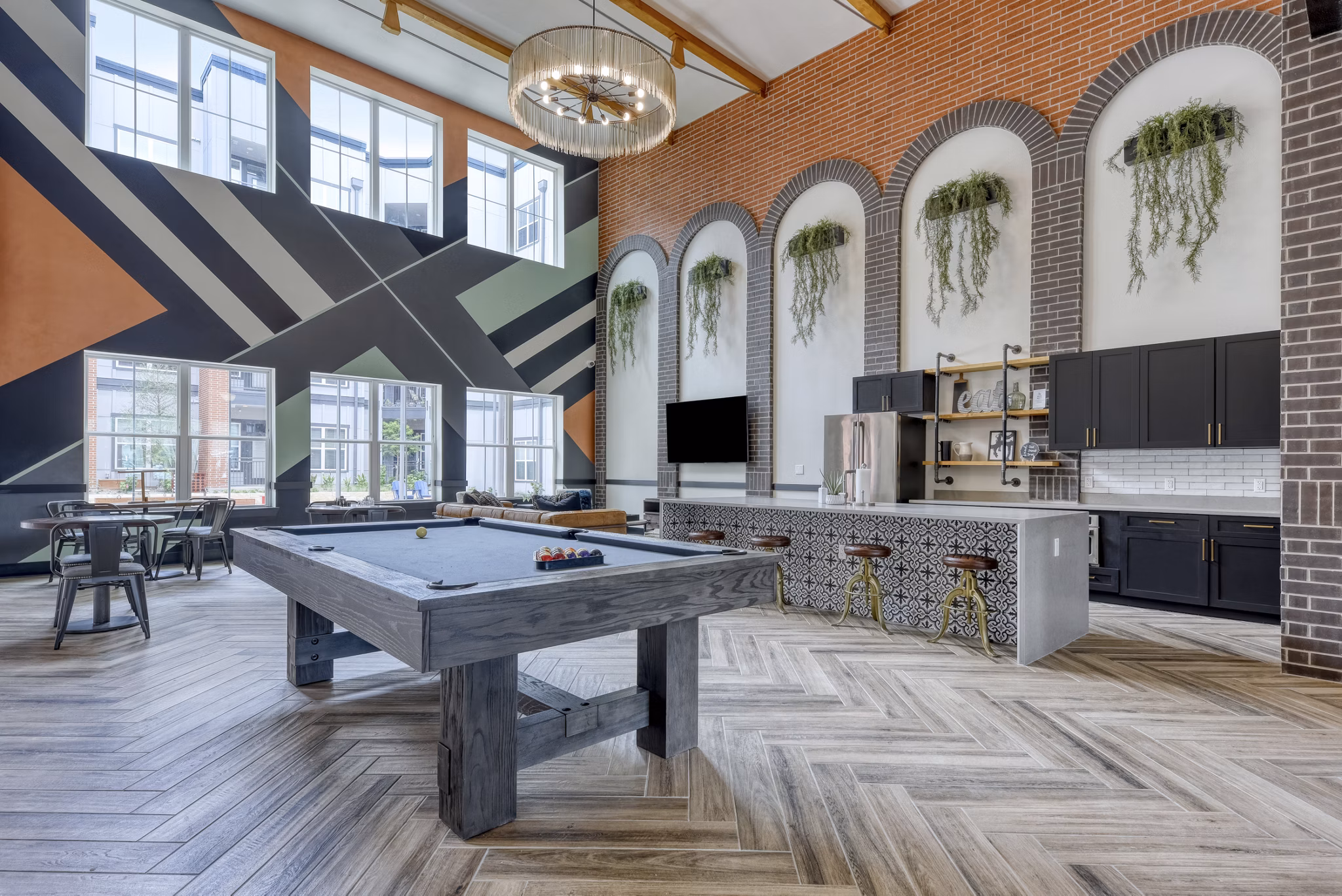Modern clubhouse featuring stylish seating and art installations at Art House SATX luxury apartments