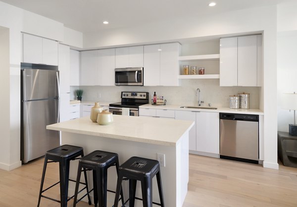 Modern kitchen with stainless steel appliances at Eastway Apartments, a Greystar luxury property