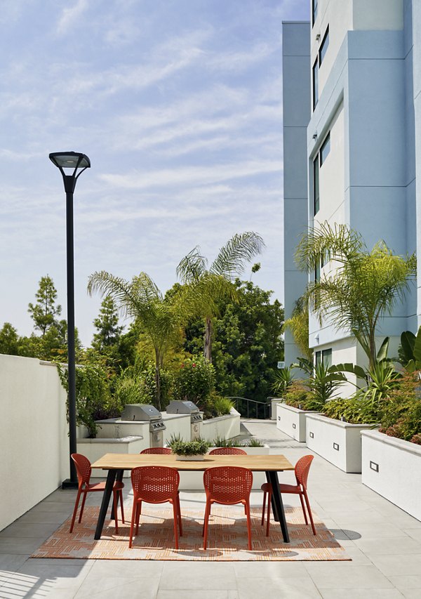 Tranquil courtyard featuring lush gardens and seating areas at Eastway Apartments