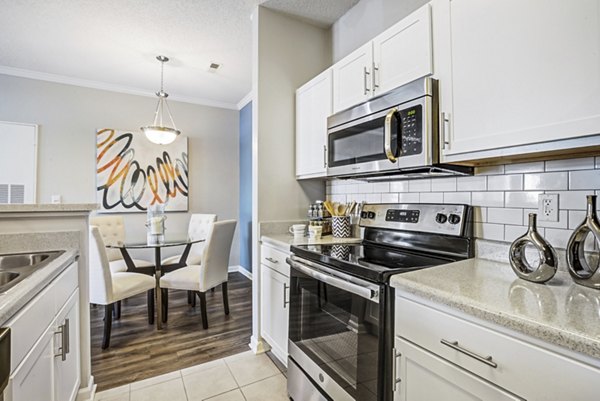 Contemporary kitchen with stainless steel appliances in Avant at Steele Creek luxury apartments