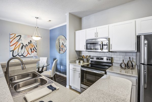 Modern kitchen with stainless steel appliances and granite countertops in Avant at Steele Creek luxury apartments
