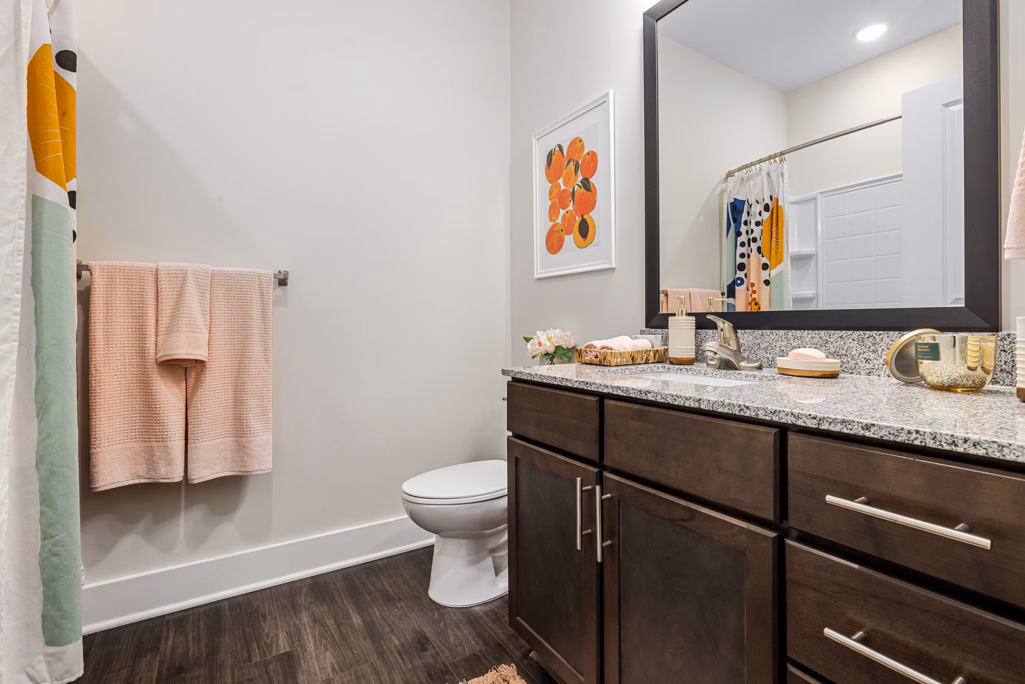 Modern bathroom with sleek fixtures at Encore at Heritage Apartments, showcasing luxury living spaces near top amenities