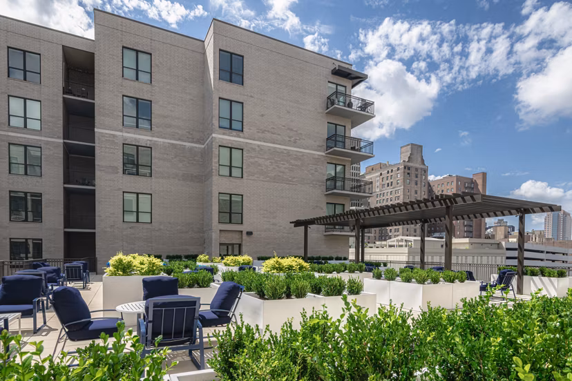 Spacious courtyard at Canal 1535 Apartments featuring lush greenery and seating areas, perfect for relaxation and outdoor gatherings