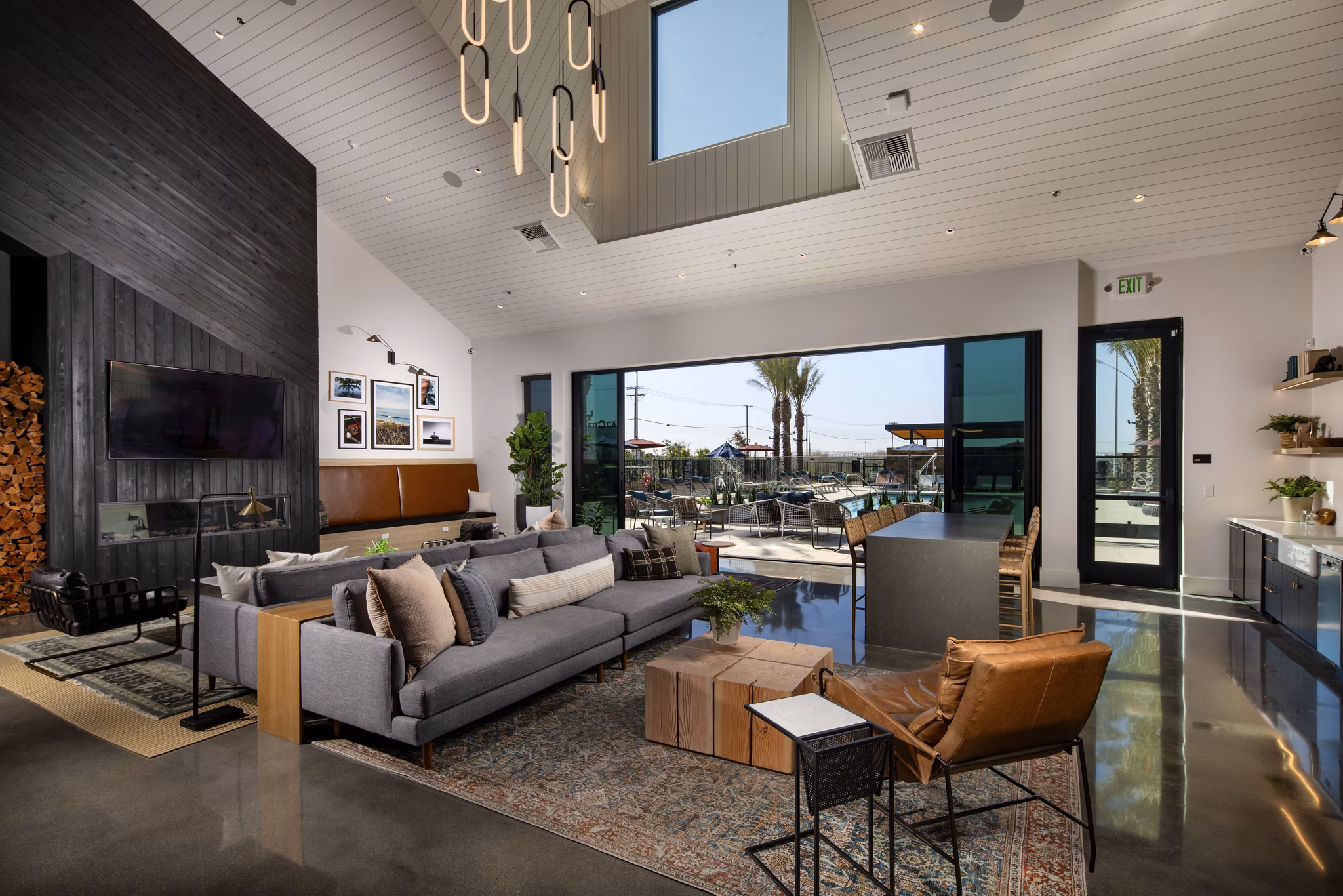 Clubhouse featuring modern design and cozy seating at Silo Apartments, luxury community managed by Greystar