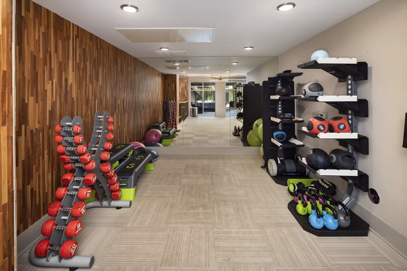 Modern fitness center with state-of-the-art equipment at River House Apartments, perfect for athletic training and active living