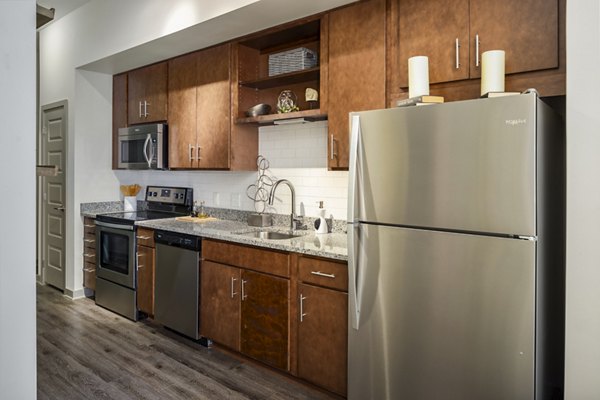 Modern kitchen with stainless steel appliances at Terra House Apartments luxury rentals