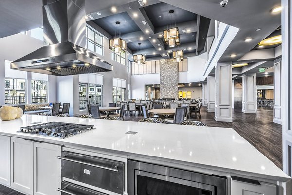 Clubhouse kitchen with modern appliances at Larkspur at Creekside Apartments, featuring sleek countertops and ample storage options for residents