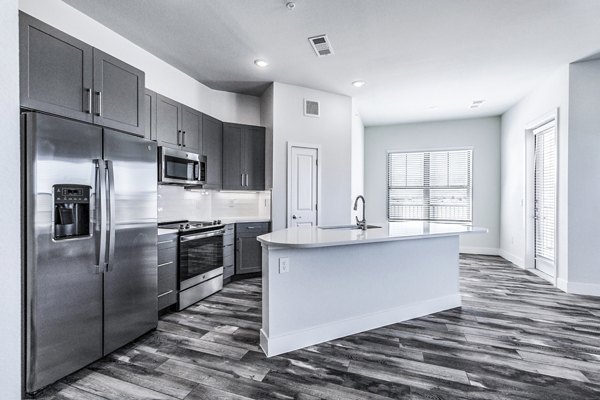 Modern kitchen with stainless steel appliances at Larkspur at Creekside Apartments