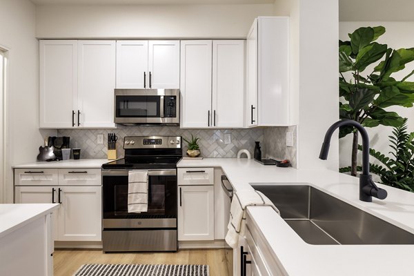 Modern kitchen with stainless steel appliances at The Lola Apartments