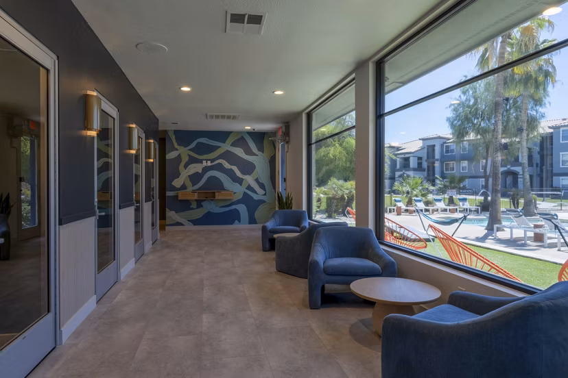 Modern clubhouse with contemporary design at Gateway at Tempe Apartments, offering a luxury social space in a Greystar community