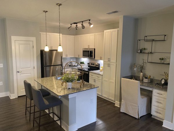 Modern kitchen with stainless steel appliances at The Peak at Nichols Plaza Apartments
