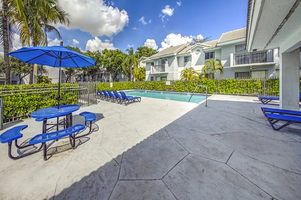 Luxurious pool and patio area at 7 West Apartments with chic lounge seating, perfect for relaxation and socializing in a premium living environment