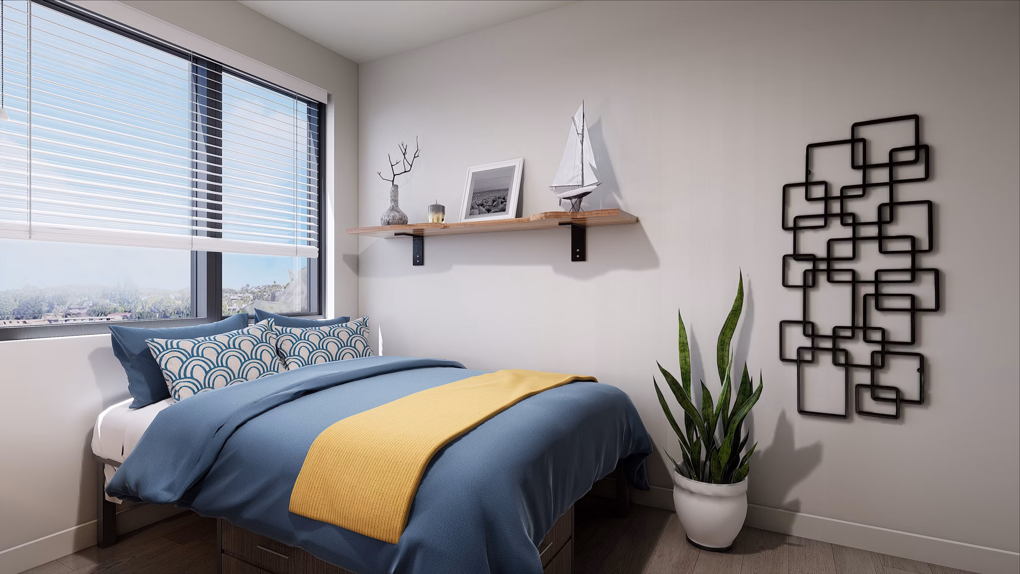 Bedroom with modern decor and natural light at Union Grantville Apartments, luxury living by Greystar