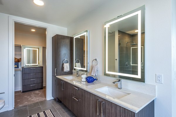 Luxurious bathroom featuring modern fixtures at The Travis Apartments with elegant decor and spa-like ambience