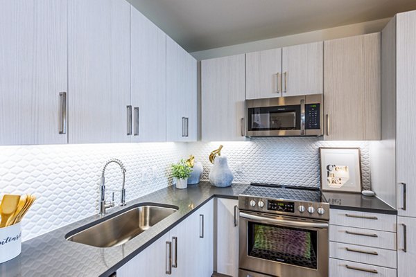 Modern kitchen featuring stainless steel appliances and granite countertops at The Travis Apartments