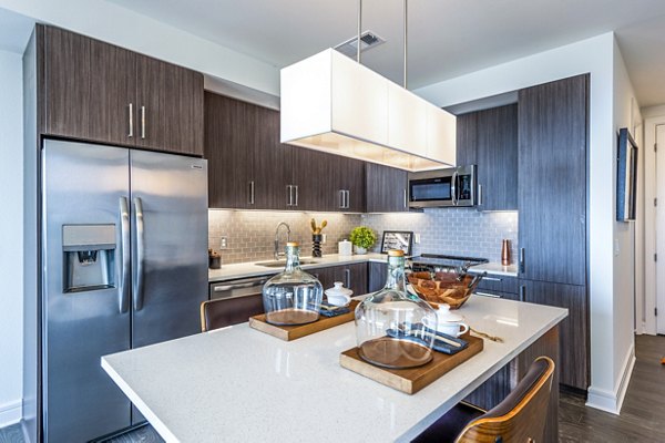Modern kitchen with granite countertops and stainless steel appliances at The Travis Apartments