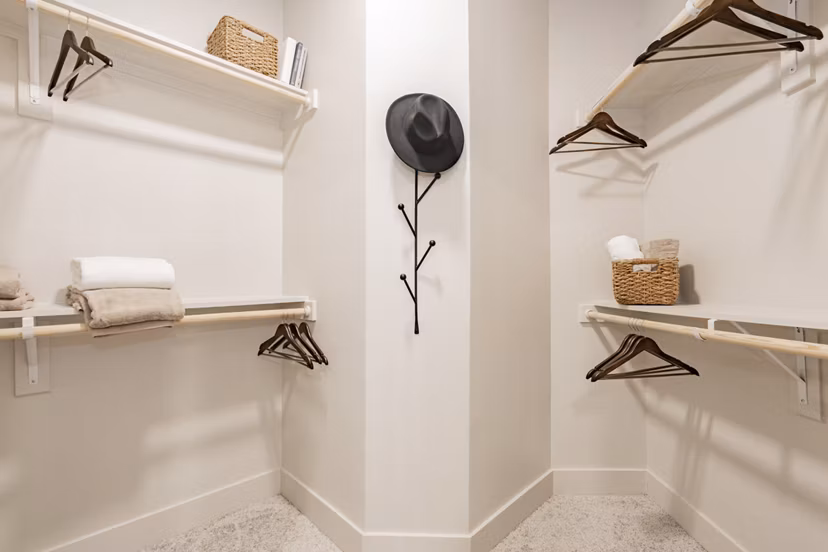 Walk-in closet with ample shelving in The Lyric at Keller Center Stage Apartments