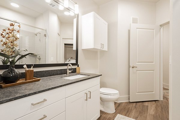 Bathroom featuring modern design and elegant fixtures at The Lyric, Keller Center Stage Apartments