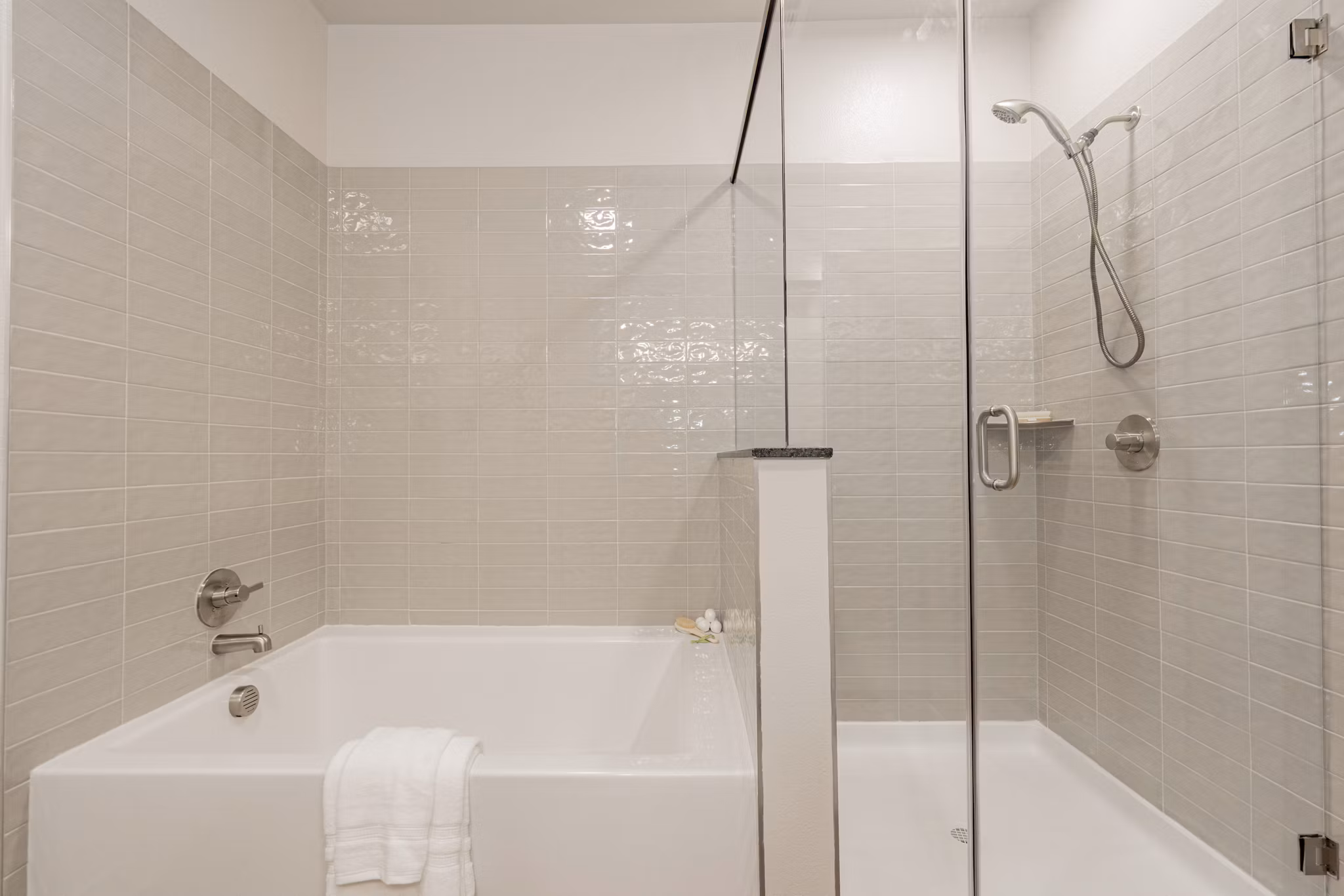 Elegant bathroom with modern fixtures at The Lyric at Keller Center Stage Apartments