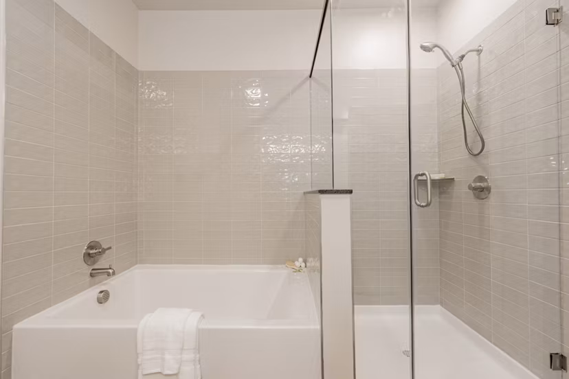 Elegant bathroom with modern fixtures at The Lyric at Keller Center Stage Apartments