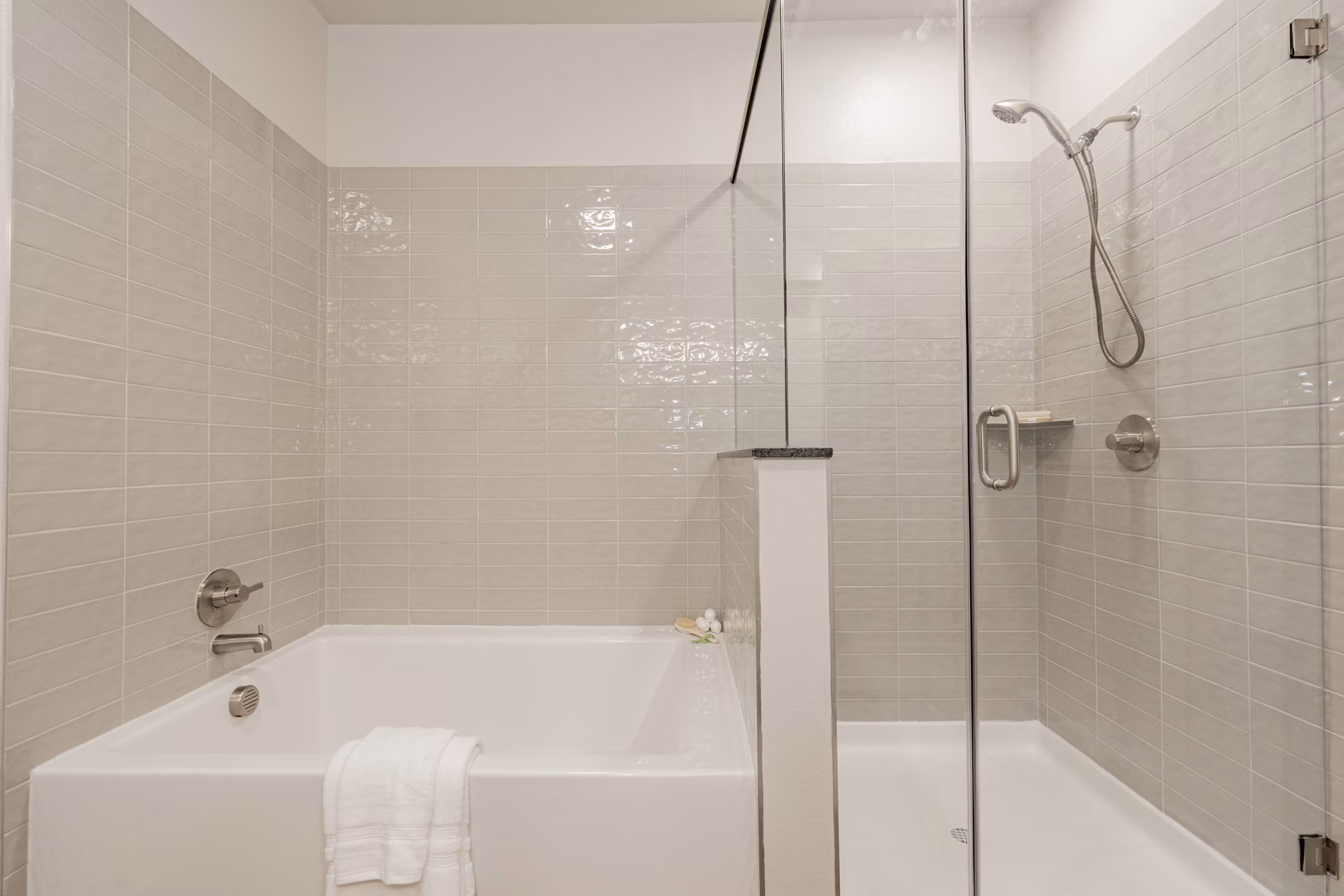 Elegant bathroom with modern fixtures at The Lyric at Keller Center Stage Apartments