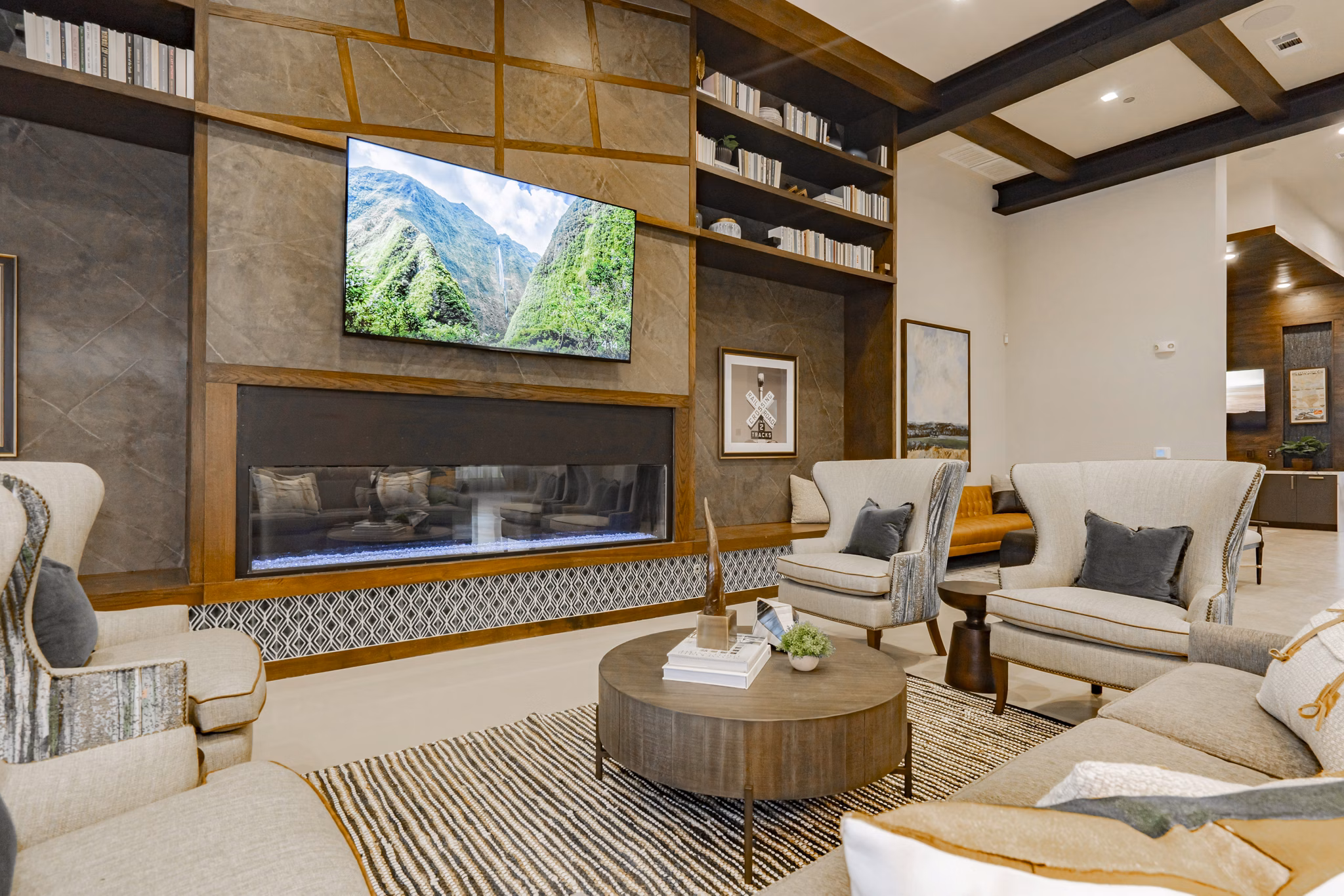 Clubhouse featuring modern seating and decor at The Lyric at Keller Center Stage Apartments