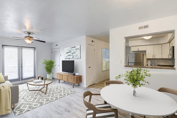 Dining area featuring modern design and stylish seating in North Hill Apartments luxury living