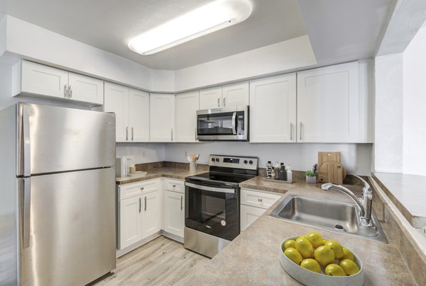 Modern kitchen featuring stainless steel appliances at North Hill Apartments
