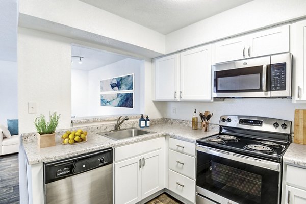 Modern kitchen with stainless steel appliances at North Hill Apartments, luxury living by Greystar