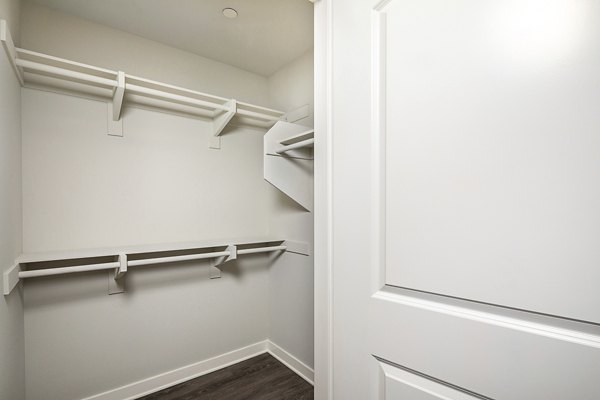 Walk-in closet with custom shelving at Lakeview 88 Apartments, luxury living space designed for organization and style