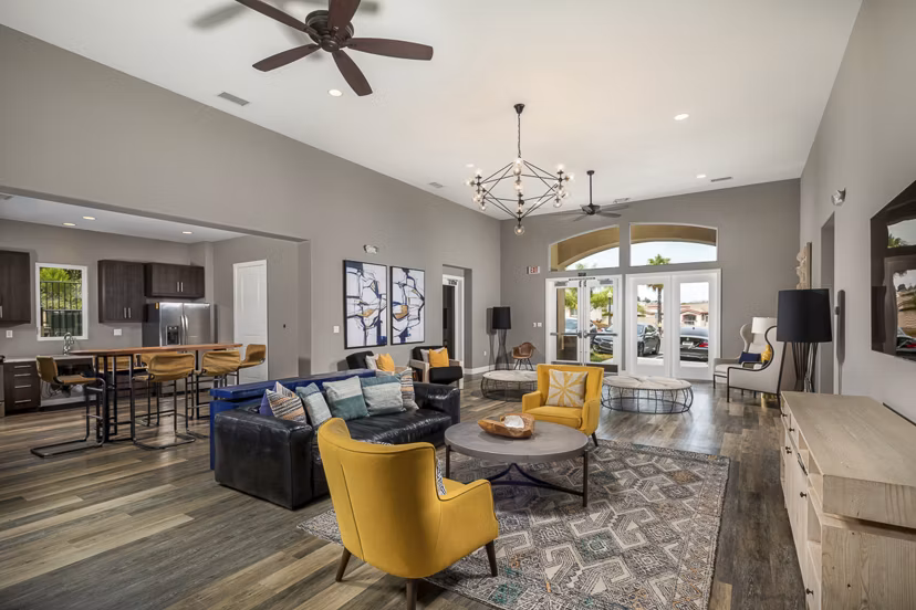 Clubhouse with modern seating and fireplace at Lakeview 88 Apartments