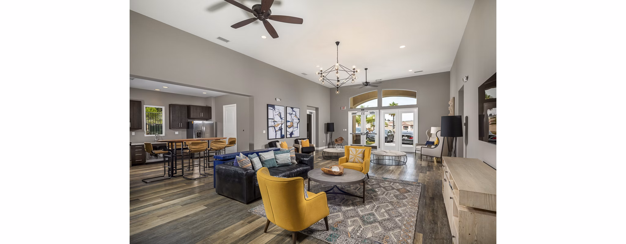 Clubhouse with modern seating and fireplace at Lakeview 88 Apartments