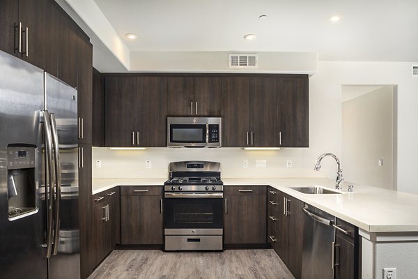 Modern kitchen with stainless steel appliances in Lakeview 88 Apartments