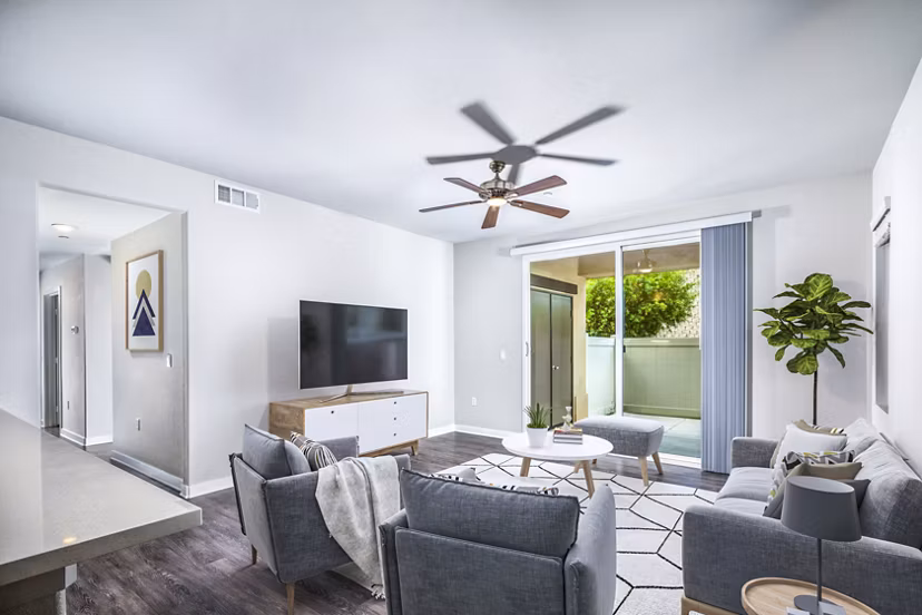 Spacious living room with modern decor at Lakeview 88 Apartments