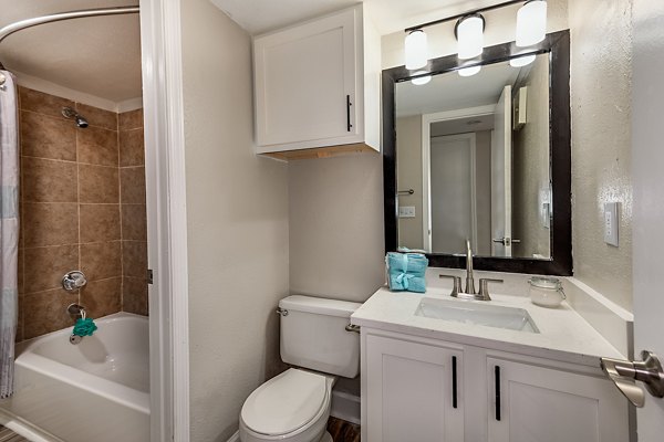 Bathroom with sleek fixtures and granite countertops in Lake Pointe Apartments